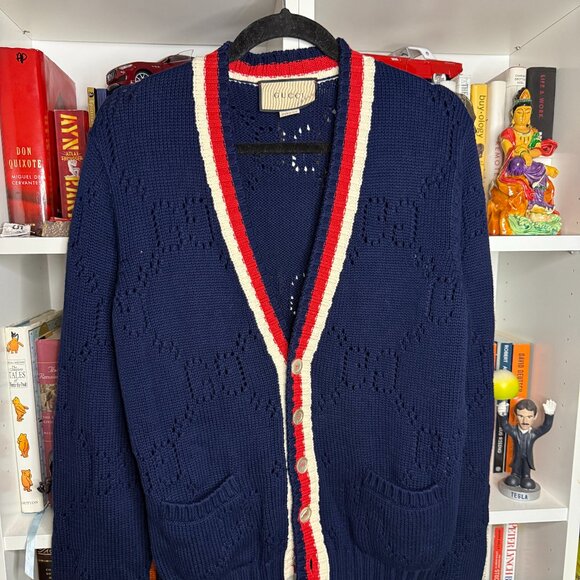 Authentic GUCCI Cardigan Perforated GG Cotton Cardigan in Blue - Picture 1 of 2
